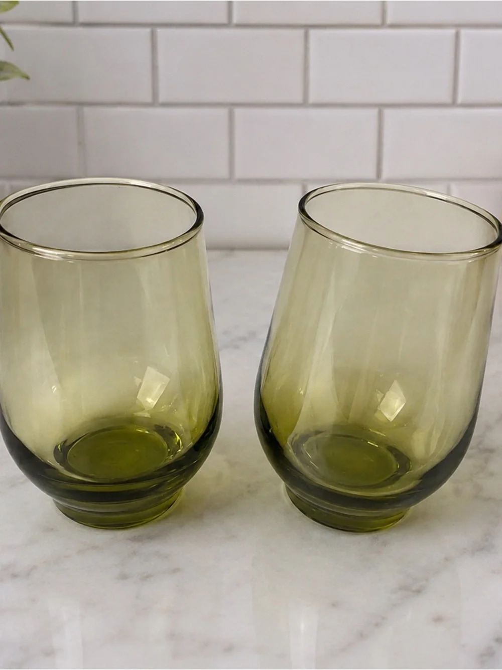 Vintage Olive Green Glass Tumblers Set of 2 Mid Century Footed Drinking Glasses
